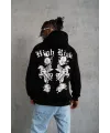 Erkek 3 İplik Pamuklu Kapüşonlu Baskılı Cepli Oversize Sweatshirt Hoodie - Siyah