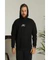 Erkek 3 İplik Pamuklu Kapüşonlu Baskılı Cepli Oversize Sweatshirt Hoodie - Siyah