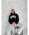 Erkek 3 İplik Pamuklu Kapüşonlu Baskılı Cepli Oversize Sweatshirt Hoodie - Siyah