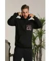 Erkek 3 İplik Pamuklu Kapüşonlu Baskılı Cepli Oversize Sweatshirt Hoodie - Siyah