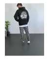 Erkek 3 İplik Pamuklu Kapüşonlu Baskılı Cepli Oversize Sweatshirt Hoodie - Siyah