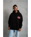 Erkek 3 İplik Pamuklu Kapüşonlu Baskılı Cepli Oversize Sweatshirt Hoodie - Siyah