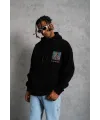 Erkek 3 İplik Pamuklu Kapüşonlu Baskılı Cepli Oversize Sweatshirt Hoodie - Siyah