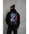Erkek 3 İplik Pamuklu Kapüşonlu Baskılı Cepli Oversize Sweatshirt Hoodie - Siyah
