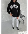 Erkek 3 İplik Pamuklu Kapüşonlu Baskılı Cepli Oversize Sweatshirt Hoodie - Siyah