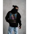 Erkek 3 İplik Pamuklu Kapüşonlu Baskılı Cepli Oversize Sweatshirt Hoodie - Siyah