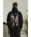 Erkek 3 İplik Pamuklu Kapüşonlu Baskılı Cepli Oversize Sweatshirt Hoodie - Siyah