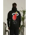 Erkek 3 İplik Pamuklu Kapüşonlu Baskılı Cepli Oversize Sweatshirt Hoodie - Siyah