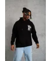Erkek 3 İplik Pamuklu Kapüşonlu Baskılı Cepli Oversize Sweatshirt Hoodie - Siyah
