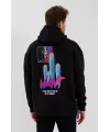 Erkek 3 İplik Pamuklu Kapüşonlu Baskılı Cepli Oversize Sweatshirt Hoodie - Siyah