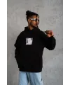 Erkek 3 İplik Pamuklu Kapüşonlu Baskılı Cepli Oversize Sweatshirt Hoodie - Siyah