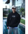 Erkek 3 İplik Pamuklu Kapüşonlu Baskılı Cepli Oversize Sweatshirt Hoodie - Siyah