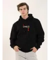Erkek 3 İplik Pamuklu Kapüşonlu Baskılı Cepli Oversize Sweatshirt Hoodie - Siyah
