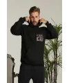 Erkek 3 İplik Pamuklu Kapüşonlu Baskılı Cepli Oversize Sweatshirt Hoodie - Siyah