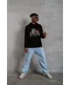 Erkek 3 İplik Pamuklu Kapüşonlu Baskılı Cepli Oversize Sweatshirt Hoodie - Siyah