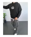 Erkek 3 İplik Pamuklu Kapüşonlu Baskılı Cepli Oversize Sweatshirt Hoodie - Siyah