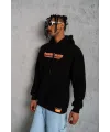 Erkek 3 İplik Pamuklu Kapüşonlu Baskılı Cepli Oversize Sweatshirt Hoodie - Siyah