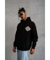 Erkek 3 İplik Pamuklu Kapüşonlu Baskılı Cepli Oversize Sweatshirt Hoodie - Siyah