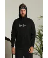 Erkek 3 İplik Pamuklu Kapüşonlu Baskılı Cepli Oversize Sweatshirt Hoodie - Siyah