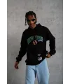 Erkek 3 İplik Pamuklu Kapüşonlu Baskılı Cepli Oversize Sweatshirt Hoodie - Siyah