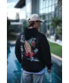 Erkek 3 İplik Pamuklu Kapüşonlu Baskılı Cepli Oversize Sweatshirt Hoodie - Siyah