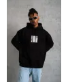 Erkek 3 İplik Pamuklu Kapüşonlu Baskılı Cepli Oversize Sweatshirt Hoodie - Siyah