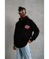 Erkek 3 İplik Pamuklu Kapüşonlu Baskılı Cepli Oversize Sweatshirt Hoodie - Siyah