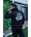 Erkek 3 İplik Pamuklu Kapüşonlu Baskılı Cepli Oversize Sweatshirt Hoodie - Siyah