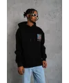 Erkek 3 İplik Pamuklu Kapüşonlu Baskılı Cepli Oversize Sweatshirt Hoodie - Siyah