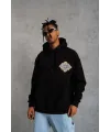 Erkek 3 İplik Pamuklu Kapüşonlu Baskılı Cepli Oversize Sweatshirt Hoodie - Siyah