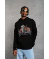 Erkek 3 İplik Pamuklu Kapüşonlu Baskılı Cepli Oversize Sweatshirt Hoodie - Siyah