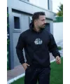 Erkek 3 İplik Pamuklu Kapüşonlu Baskılı Cepli Oversize Sweatshirt Hoodie - Siyah