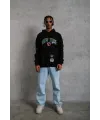 Erkek 3 İplik Pamuklu Kapüşonlu Baskılı Cepli Oversize Sweatshirt Hoodie - Siyah
