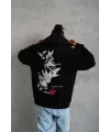 Erkek 3 İplik Pamuklu Kapüşonlu Baskılı Cepli Oversize Sweatshirt Hoodie - Siyah