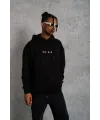 Erkek 3 İplik Pamuklu Kapüşonlu Baskılı Cepli Oversize Sweatshirt Hoodie - Siyah