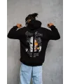 Erkek 3 İplik Pamuklu Kapüşonlu Baskılı Cepli Oversize Sweatshirt Hoodie - Siyah