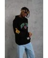 Erkek 3 İplik Pamuklu Kapüşonlu Baskılı Cepli Oversize Sweatshirt Hoodie - Siyah