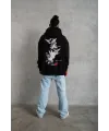 Erkek 3 İplik Pamuklu Kapüşonlu Baskılı Cepli Oversize Sweatshirt Hoodie - Siyah