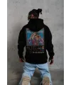 Erkek 3 İplik Pamuklu Kapüşonlu Baskılı Cepli Oversize Sweatshirt Hoodie - Siyah