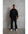 Erkek 3 İplik Pamuklu Kapüşonlu Baskılı Cepli Oversize Sweatshirt Hoodie - Siyah