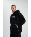 Erkek 3 İplik Pamuklu Kapüşonlu Baskılı Cepli Oversize Sweatshirt Hoodie - Siyah