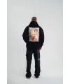 Erkek 3 İplik Pamuklu Kapüşonlu Baskılı Cepli Oversize Sweatshirt Hoodie - Siyah
