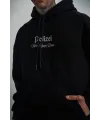Erkek 3 İplik Pamuklu Kapüşonlu Baskılı Cepli Oversize Sweatshirt Hoodie - Siyah