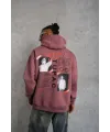 Erkek 3 İplik Pamuklu Kapüşonlu Baskılı Cepli Sweatshirt Hoodie - Gül Kurusu