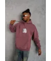 Erkek 3 İplik Pamuklu Kapüşonlu Baskılı Cepli Sweatshirt Hoodie - Gül Kurusu