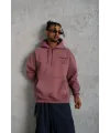 Erkek 3 İplik Pamuklu Kapüşonlu Baskılı Cepli Sweatshirt Hoodie - Gül Kurusu