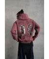 Erkek 3 İplik Pamuklu Kapüşonlu Baskılı Cepli Sweatshirt Hoodie - Gül Kurusu