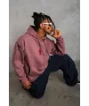 Erkek 3 İplik Pamuklu Kapüşonlu Baskılı Cepli Sweatshirt Hoodie - Gül Kurusu