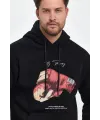 Erkek 3 İplik Pamuklu Kapüşonlu Cepli Boxy Eldiven Baskılı Hoodie Sweatshirt - Siyah