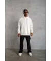 Erkek 3 İplik Pamuklu Kapüşonlu Cepli Düz Oversize Hoodie Sweatshirt - Beyaz